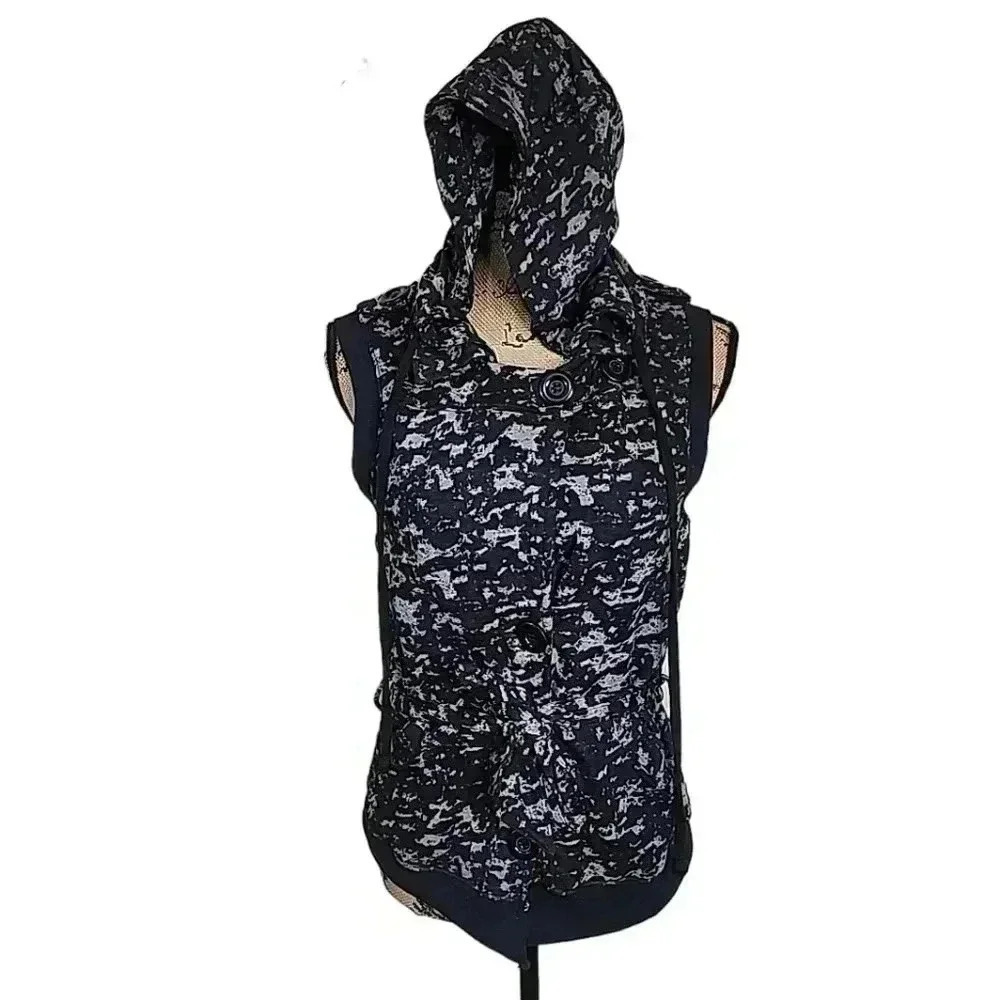 DAYTRIP Y2k Black and Grey Splatter Hooded Vest size Medium - Picture 2 of 14